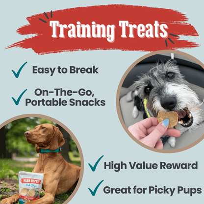 Dog training treats with images of a dog eating a treat, a dog sitting outdoors, and a hand holding a treat. Text highlights features like 'Easy to Break', 'On-The-Go, Portable Snacks', 'High Value Reward', and 'Great for Picky Pups'.