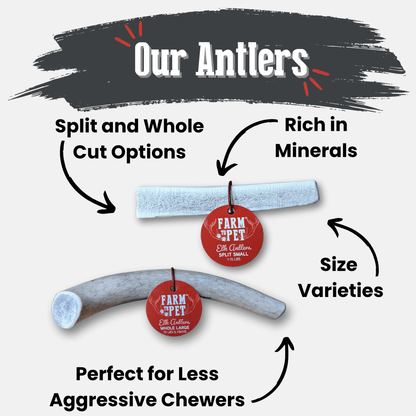 Overview of Farm To Pet whole and split elk antler dog chews