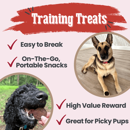 Dog training treats advertisement with images of dogs and text highlighting features.