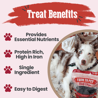 Dog with a package of 'Farm to Pet' beef chips and text about treat benefits on a white background.
