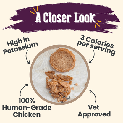 Dried chicken pieces on a wooden board with health benefits text overlay