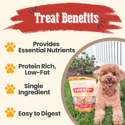 Dog treat packaging with a dog and text highlighting benefits on a grassy background