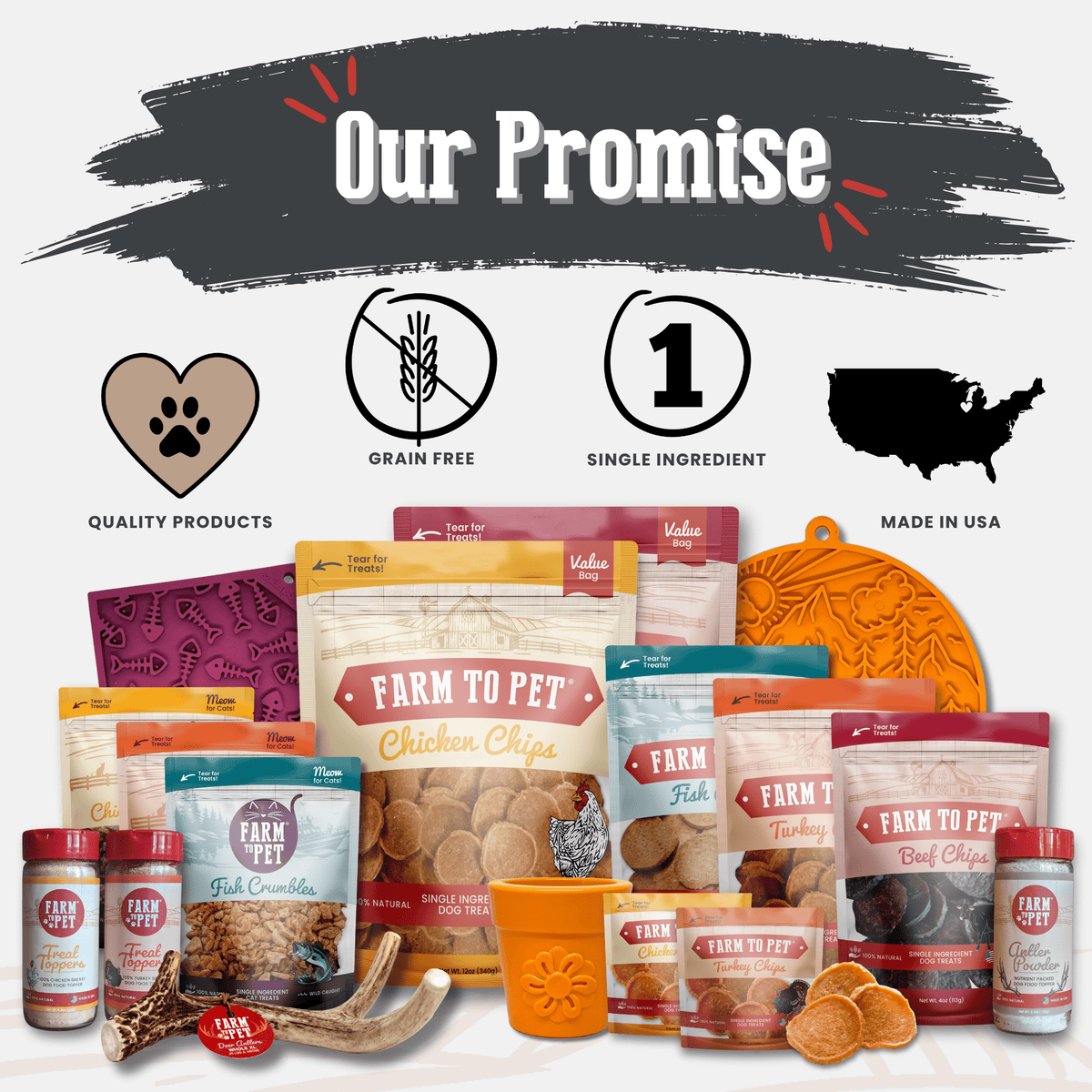 Farm To Pet brand promise graphic for elk antler dog chews