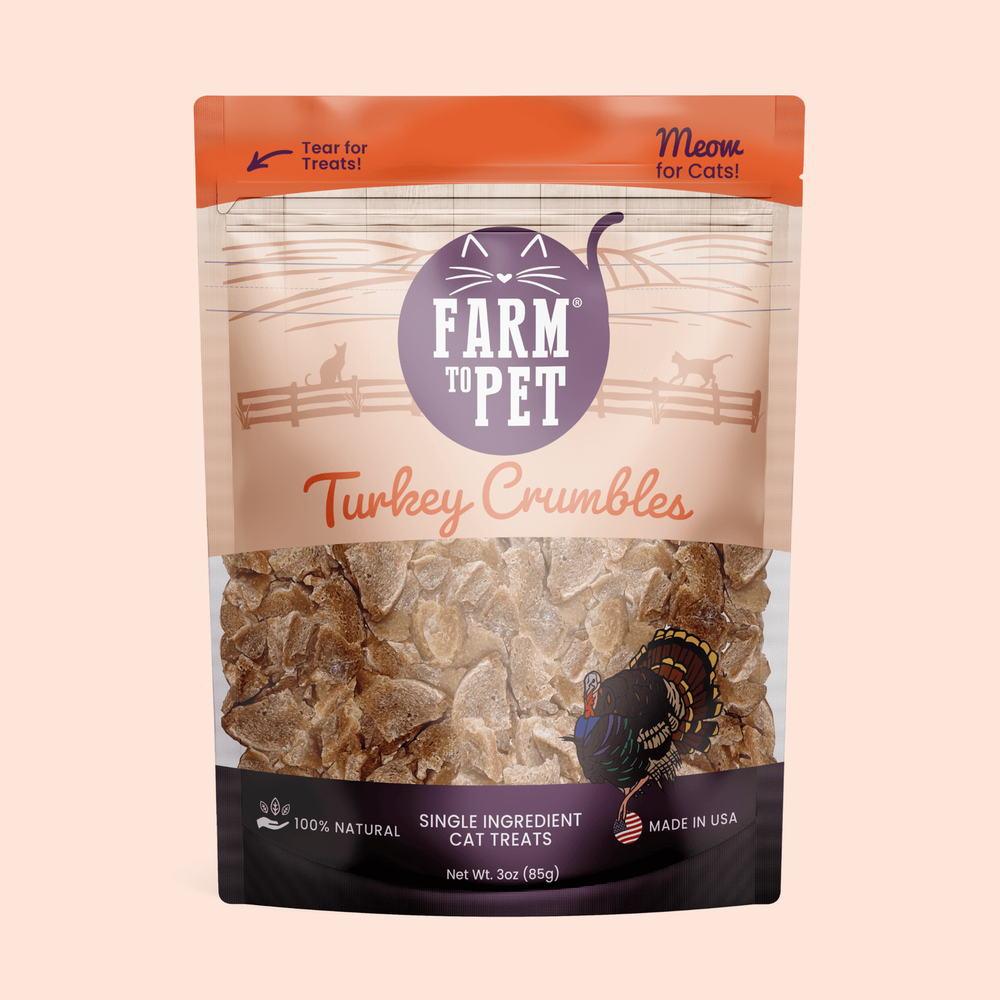 Package of Farm to Pet Turkey Crumbles cat treats on a beige background