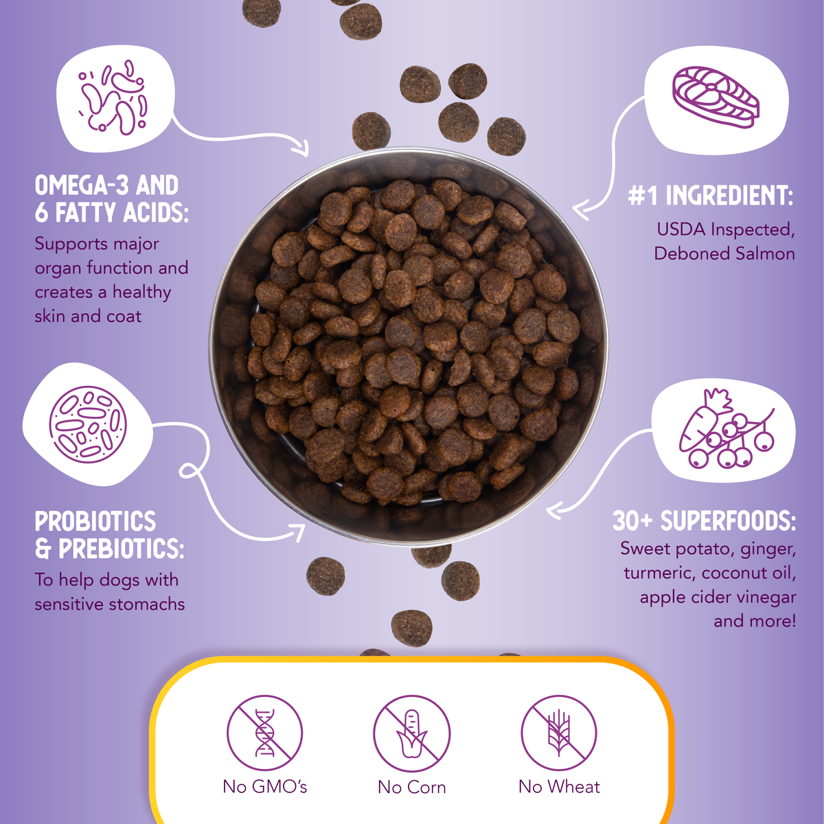 Ingredient and superfood benefits surrounding a bowl of salmon & sweet potato recipe kibble