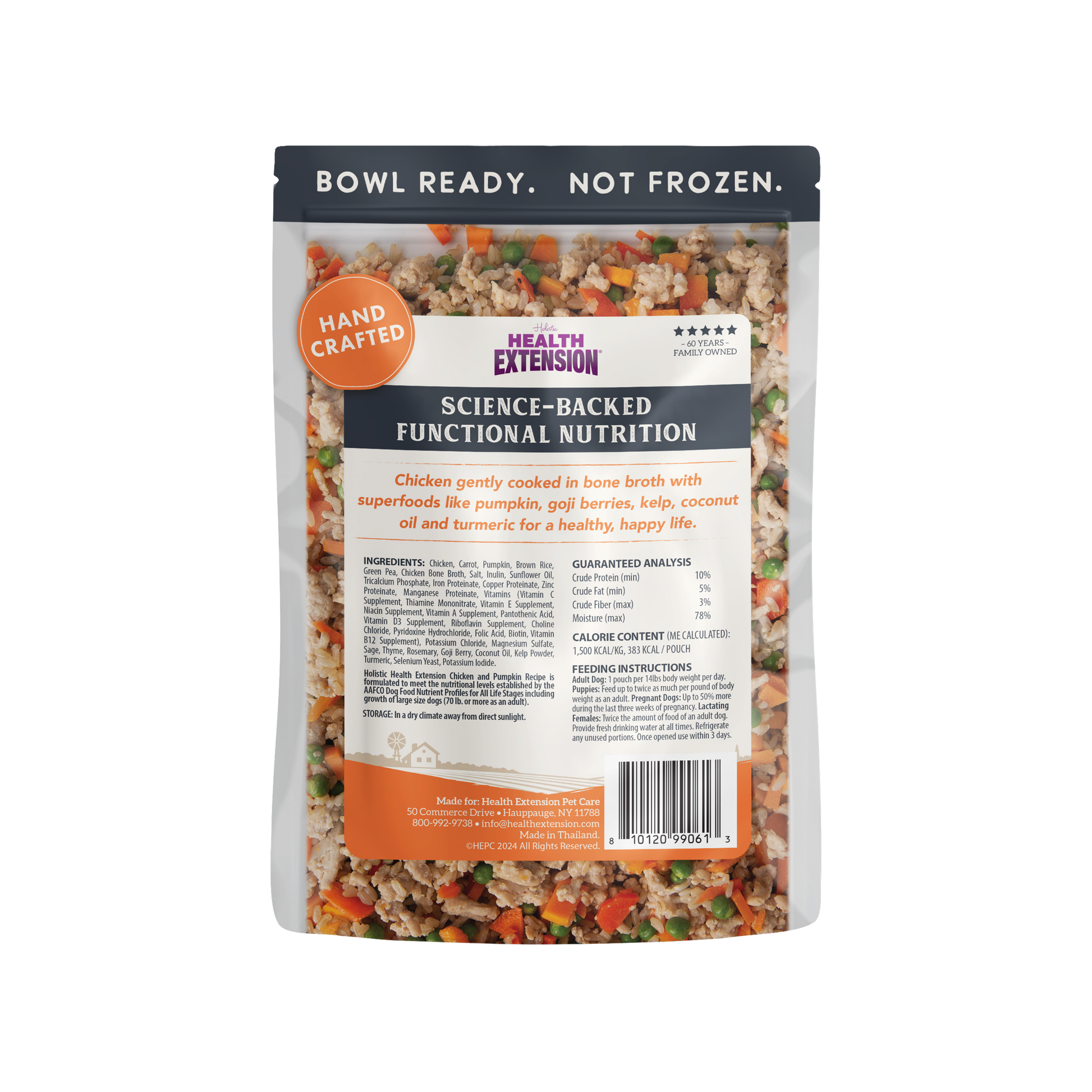 Parte trasera del envase de alimento para perros Gently Cooked Chicken & Pumpkin de Health Extension