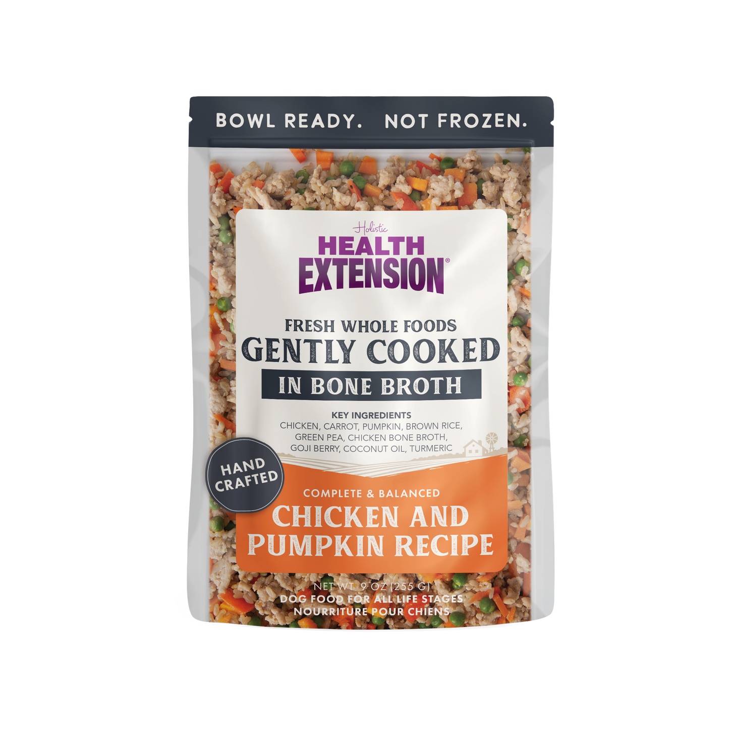 Parte frontal del envase de alimento para perros Gently Cooked Chicken & Pumpkin de Health Extension