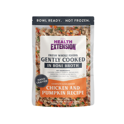 Parte frontal del envase de alimento para perros Gently Cooked Chicken & Pumpkin de Health Extension