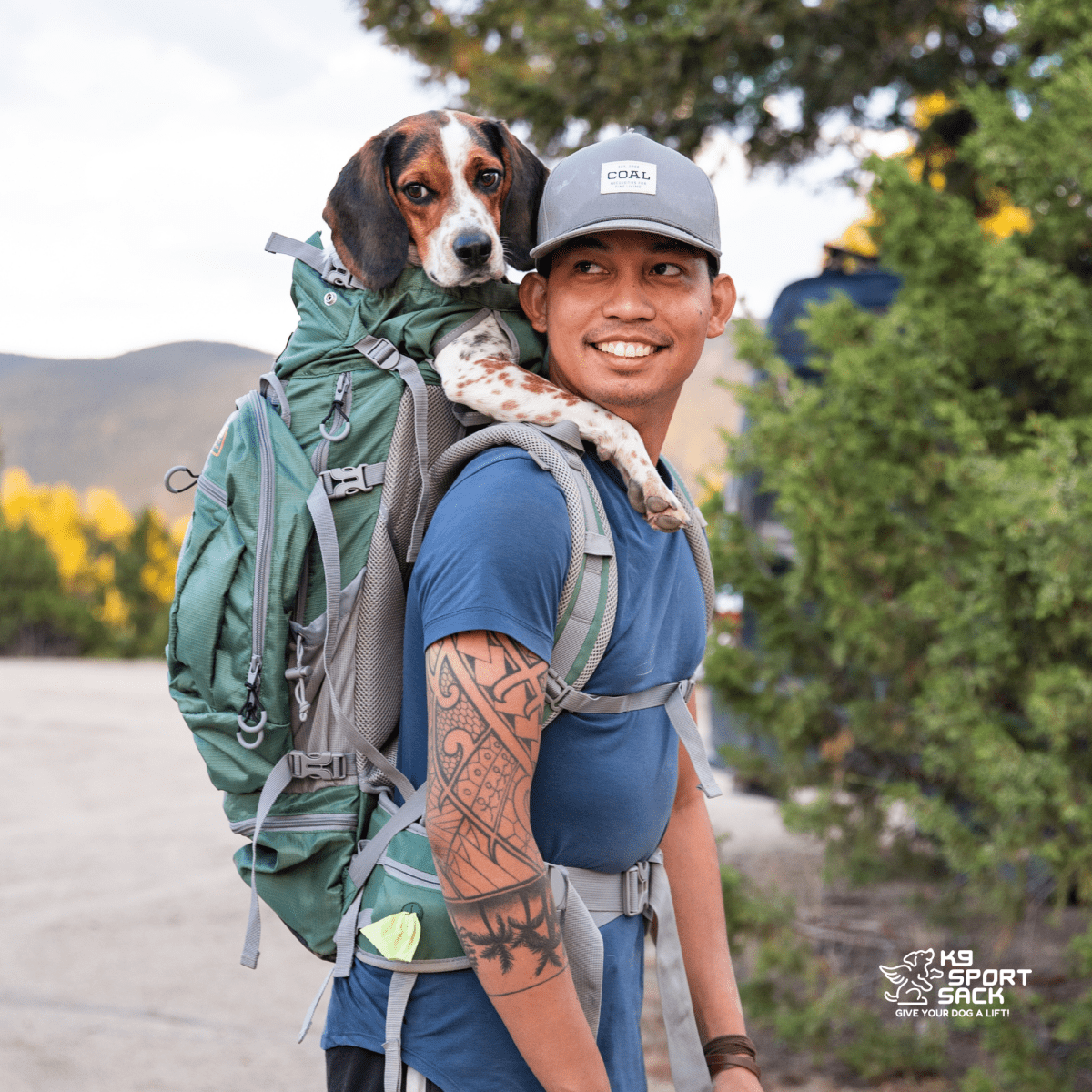Myrtle Green K9 Sport Sack Kolossus dog carrier backpack in use