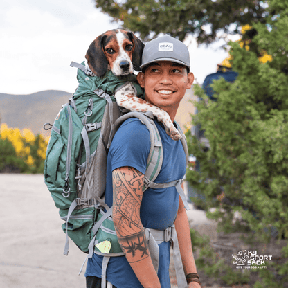 Myrtle Green K9 Sport Sack Kolossus dog carrier backpack in use