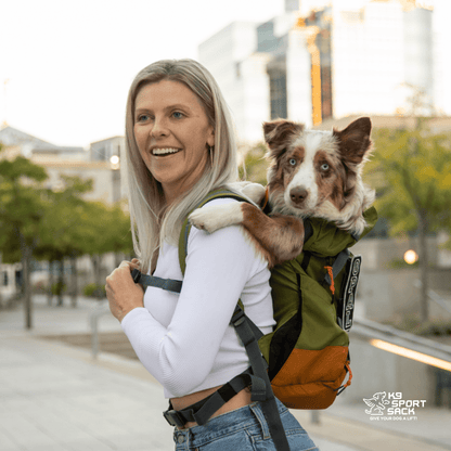 Leafy Green K9 Sport Sack Urban 3 dog carrier backpack in use