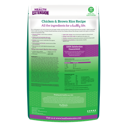 Back packaging view of Health Extension Chicken & Brown Rice Recipe
