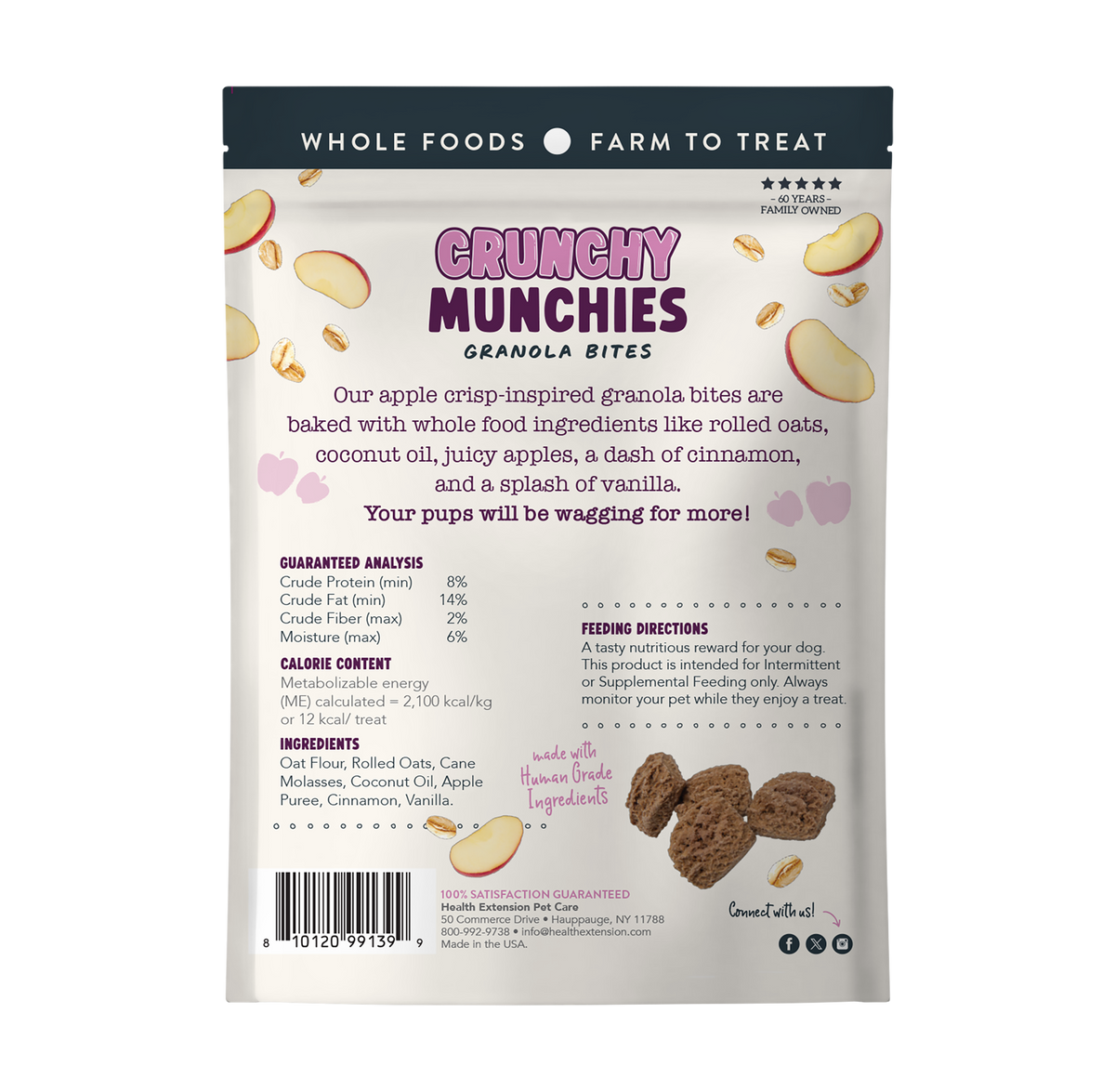 Back packaging view of Health Extension Crunchy Munchies Granola Bites - Appley Crisp