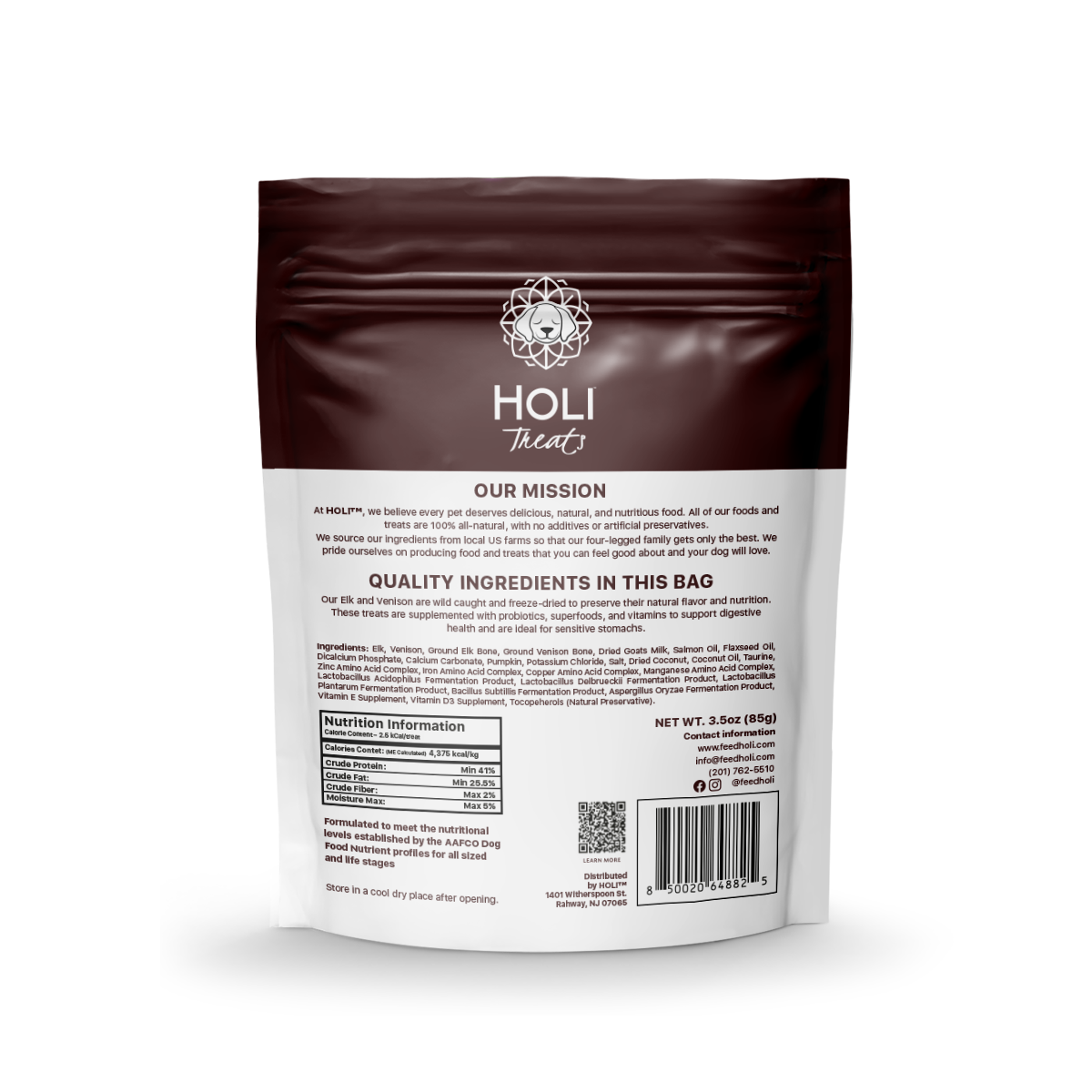 Back of HOLI Elk & Venison Dog Treats package