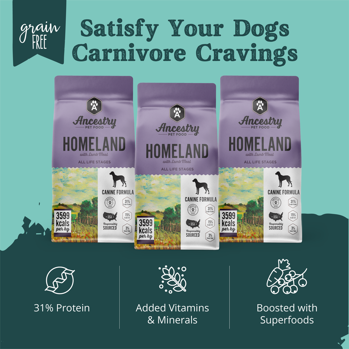 Health Extension Homeland with Lamb Meal dog food information graphic