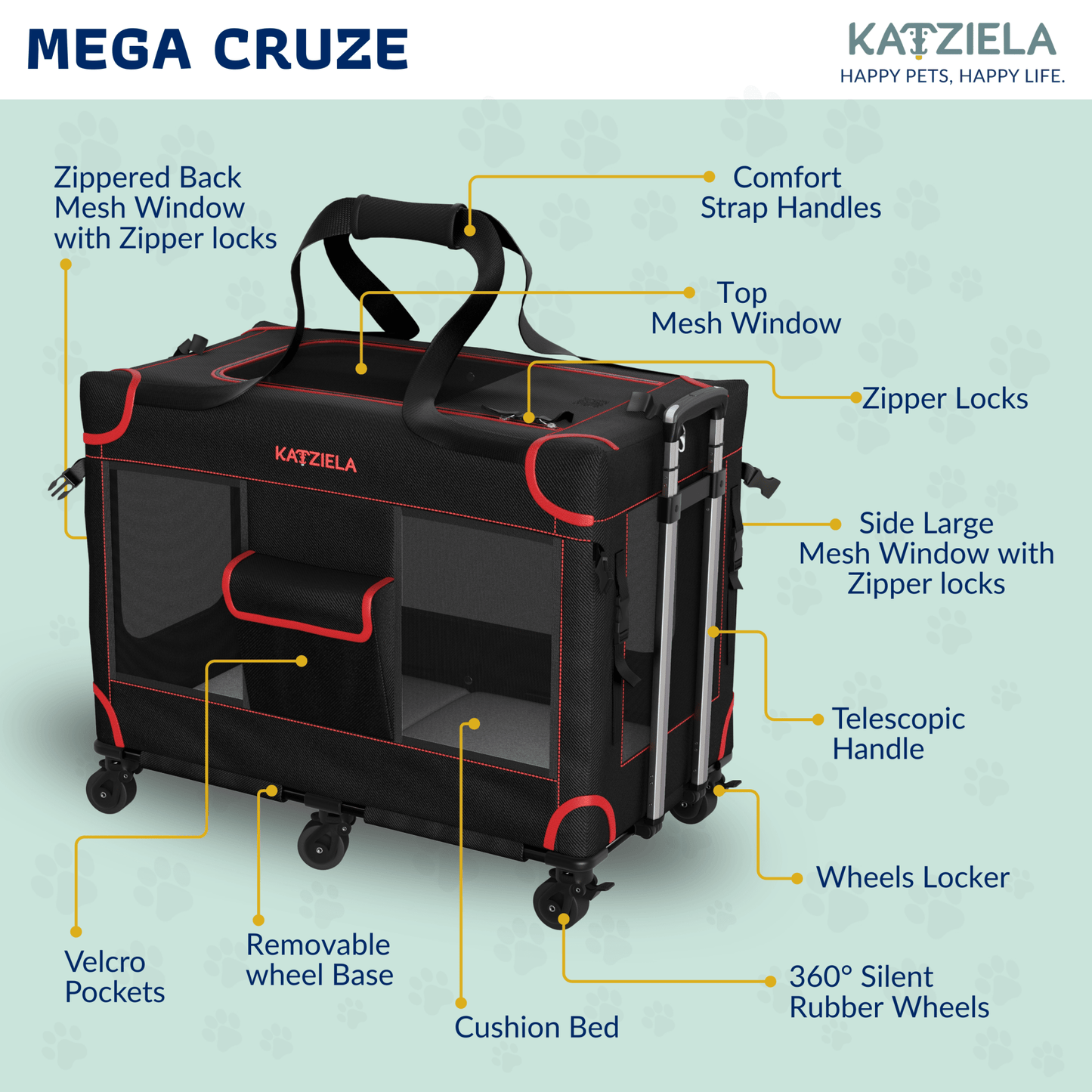 Transportín para mascotas con ruedas Katziela Mega Cruze – Viaje sin estrés para perros medianos y grandes de 63,5x43x50,8 cm