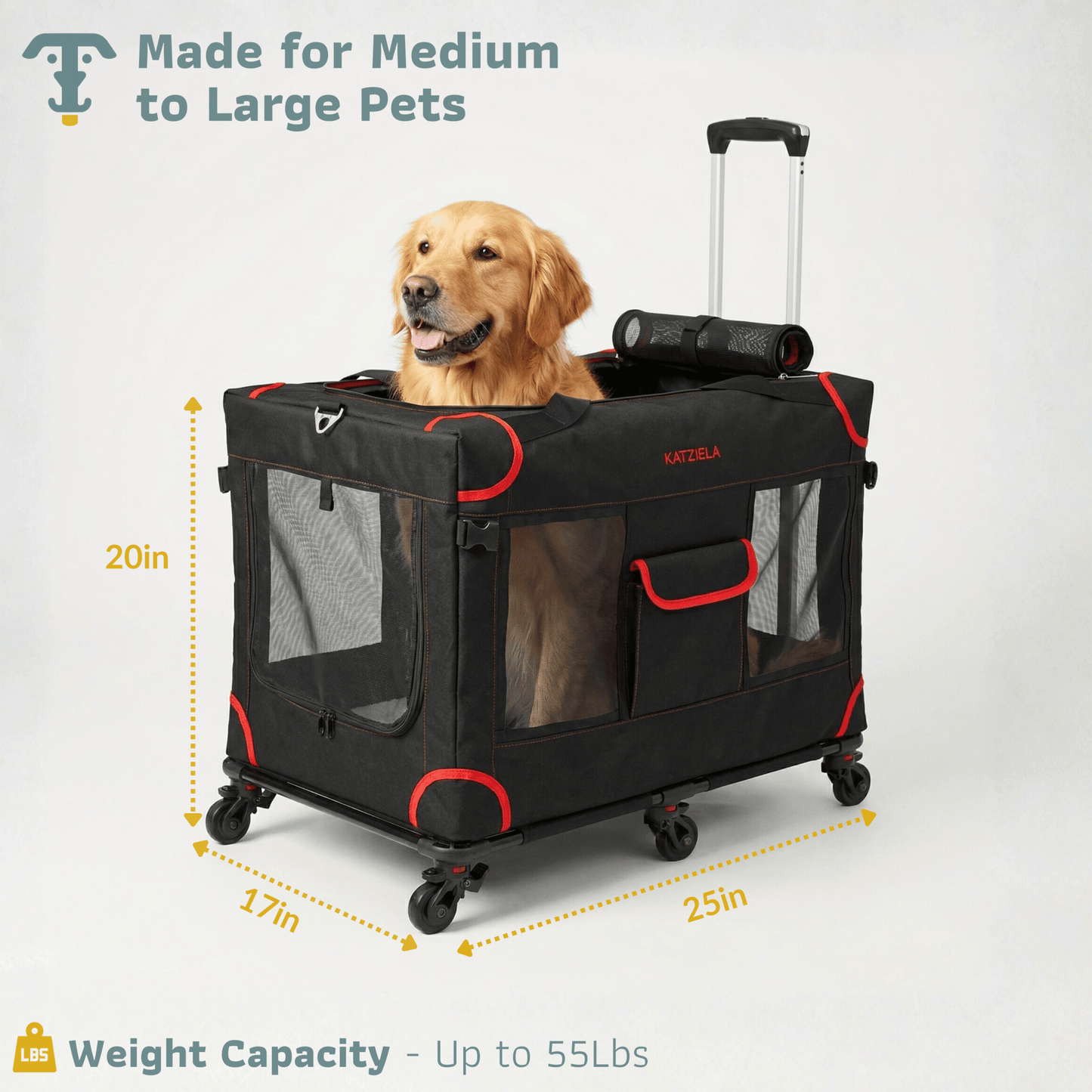 Transportín para mascotas con ruedas Katziela Mega Cruze – Viaje sin estrés para perros medianos y grandes de 63,5x43x50,8 cm