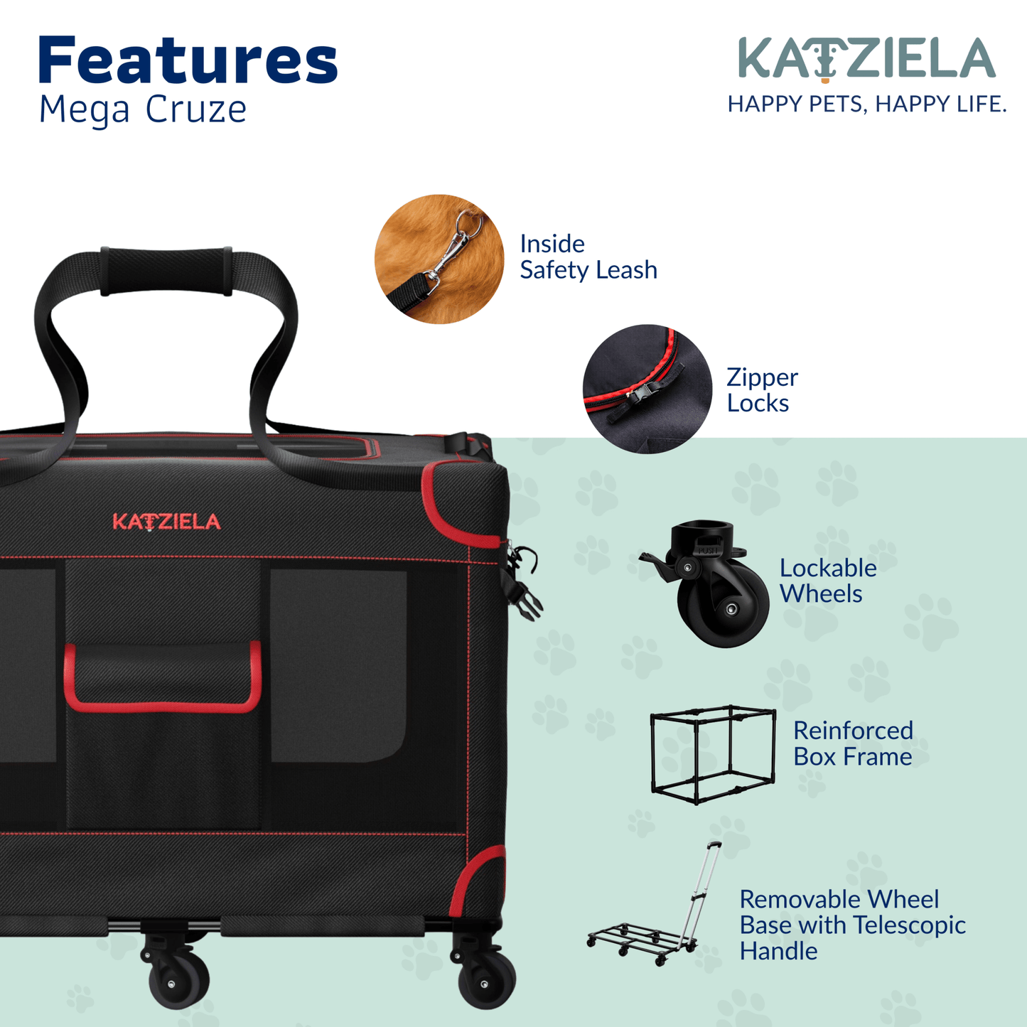 Transportín para mascotas con ruedas Katziela Mega Cruze – Viaje sin estrés para perros medianos y grandes de 63,5x43x50,8 cm