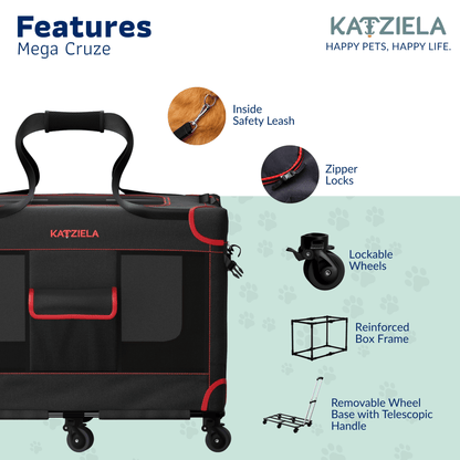 Transportín para mascotas con ruedas Katziela Mega Cruze – Viaje sin estrés para perros medianos y grandes de 63,5x43x50,8 cm
