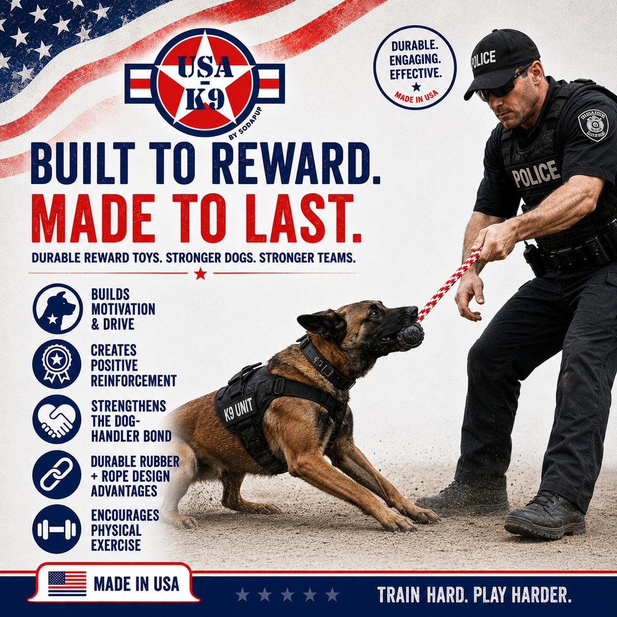 USA-K9 Magnum Stars and Stripes dog toy size and feature graphic