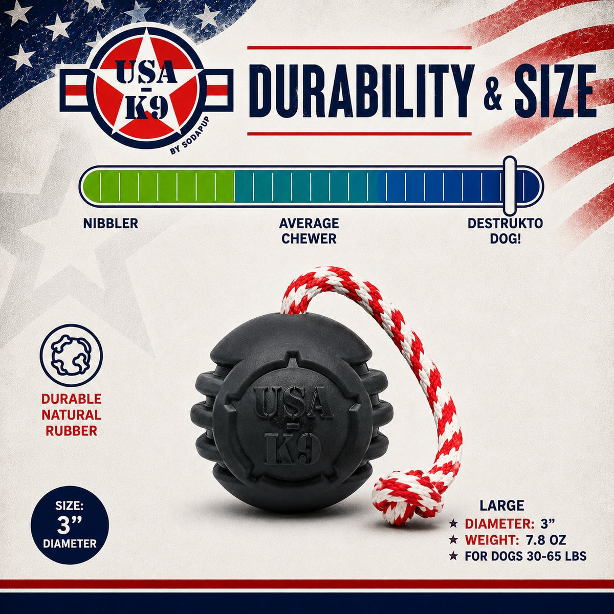 USA-K9 Magnum Stars and Stripes black rubber dog toy feature graphic