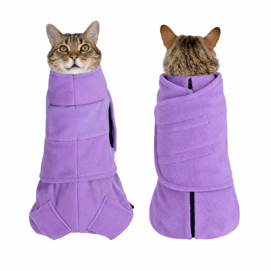 Vistas frontal y posterior del Home Cat Wrap lavanda