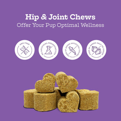 Heart-shaped dog treats on a purple background with text about hip and joint chews.