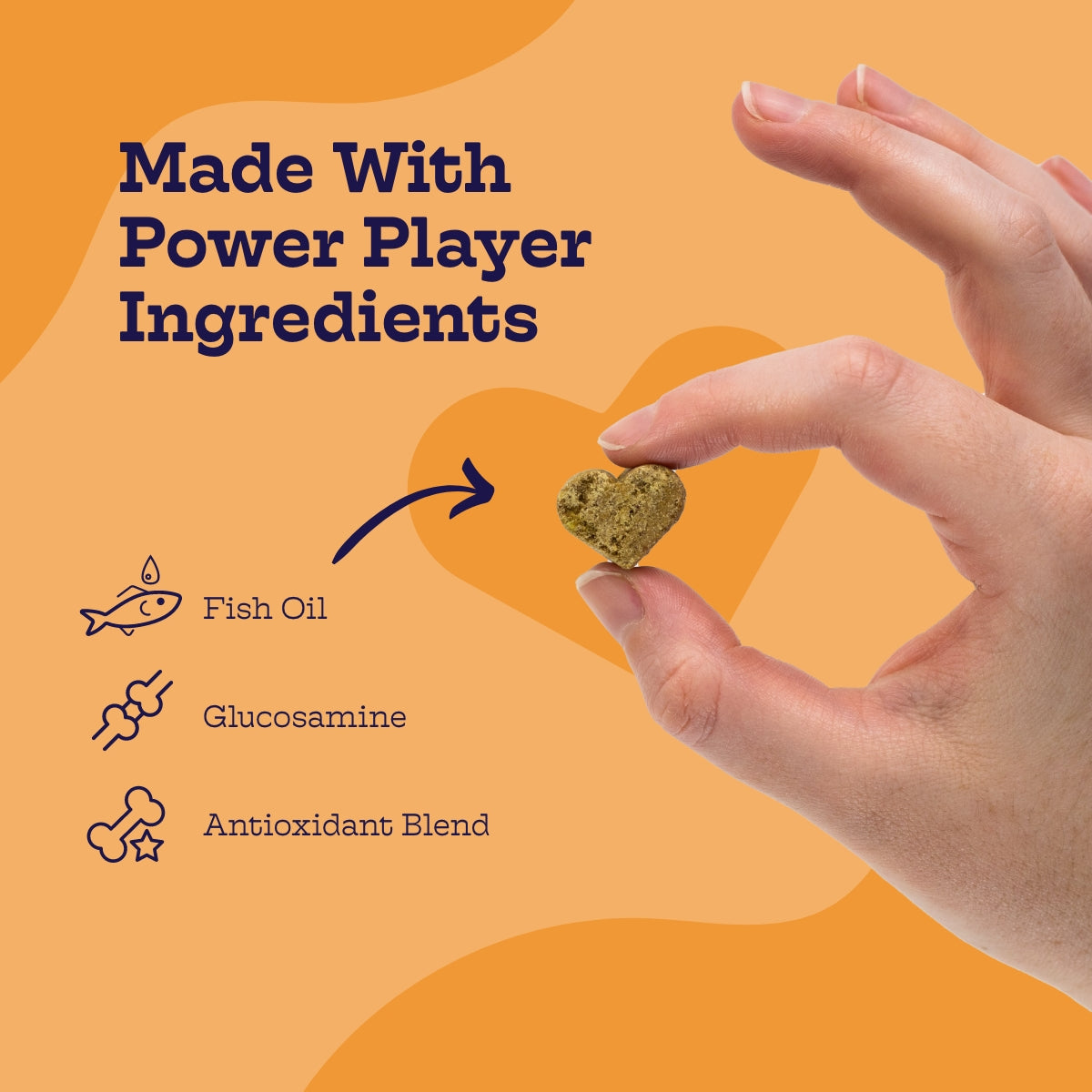 Hand holding a heart-shaped pet treat with ingredients listed on an orange background