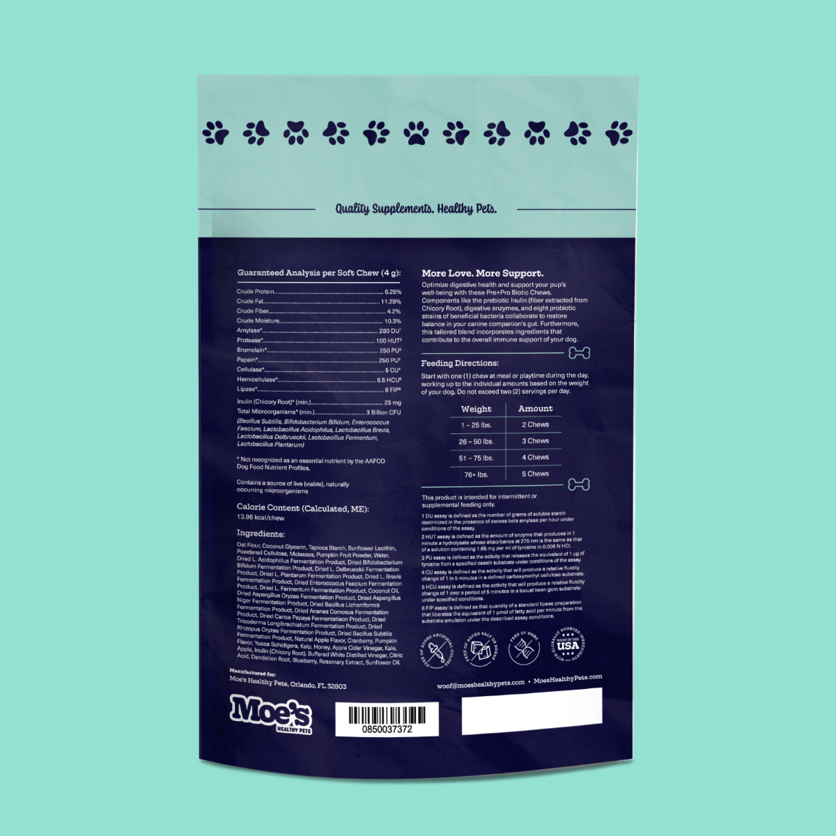 Back view of a pet supplement package with text and branding on a teal background