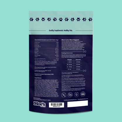 Back view of a pet supplement package with text and branding on a teal background