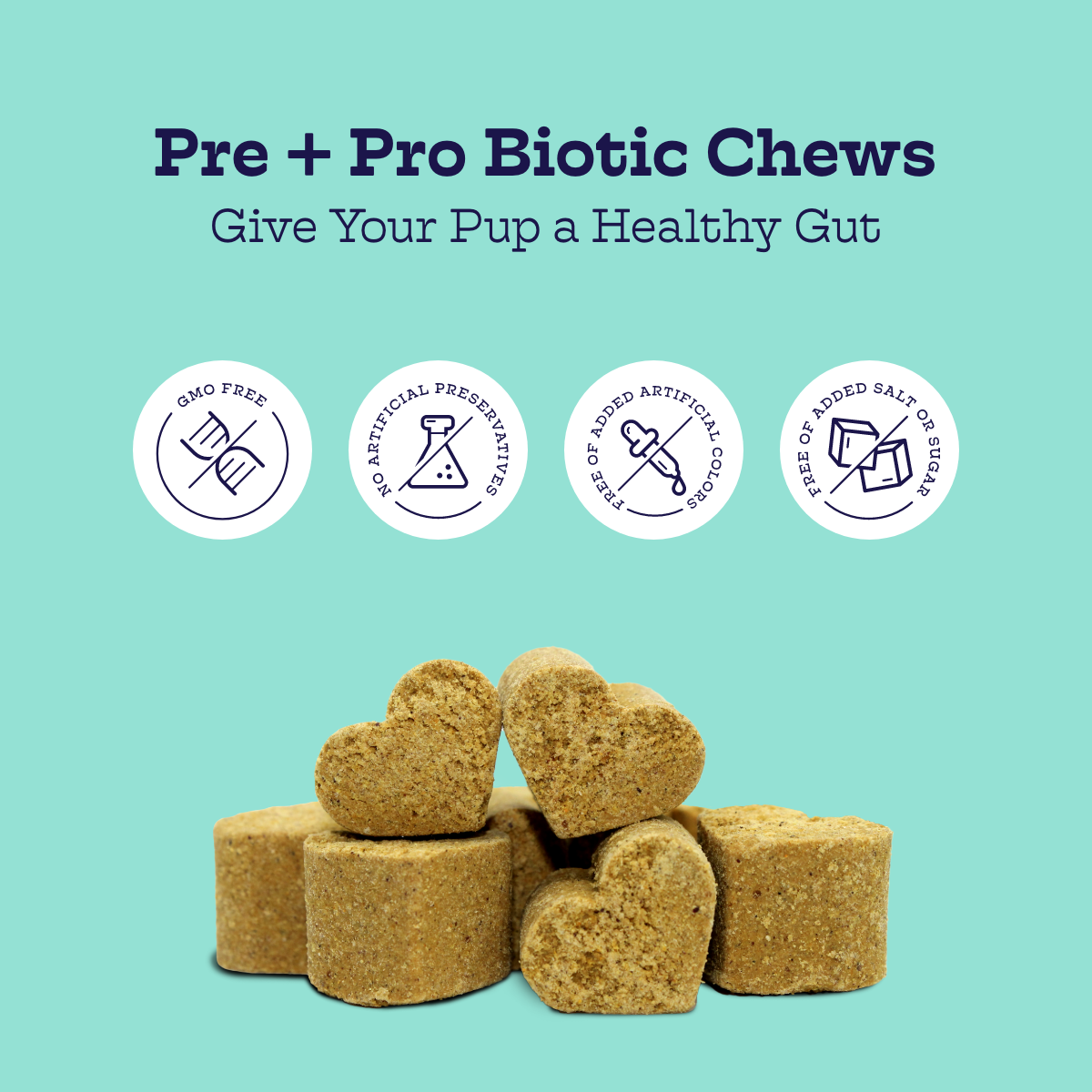 Heart-shaped pre and pro biotic chews for dogs with a light blue background and text about their benefits.