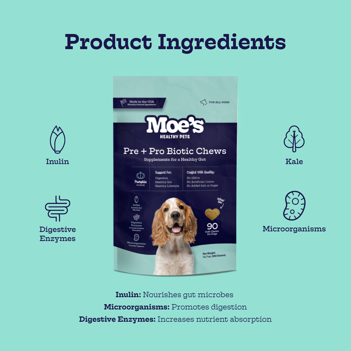 Moe's Pre + Pro Biotic Chews packaging with product ingredients on a light blue background