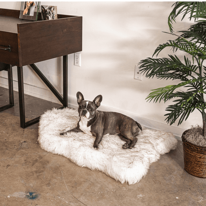 French bulldog resting on a curved white PupRug beside a wood cabinet.
