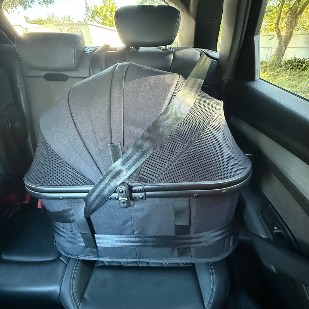 Furvelo Jogger cabin secured across a vehicle rear seat with a seat belt