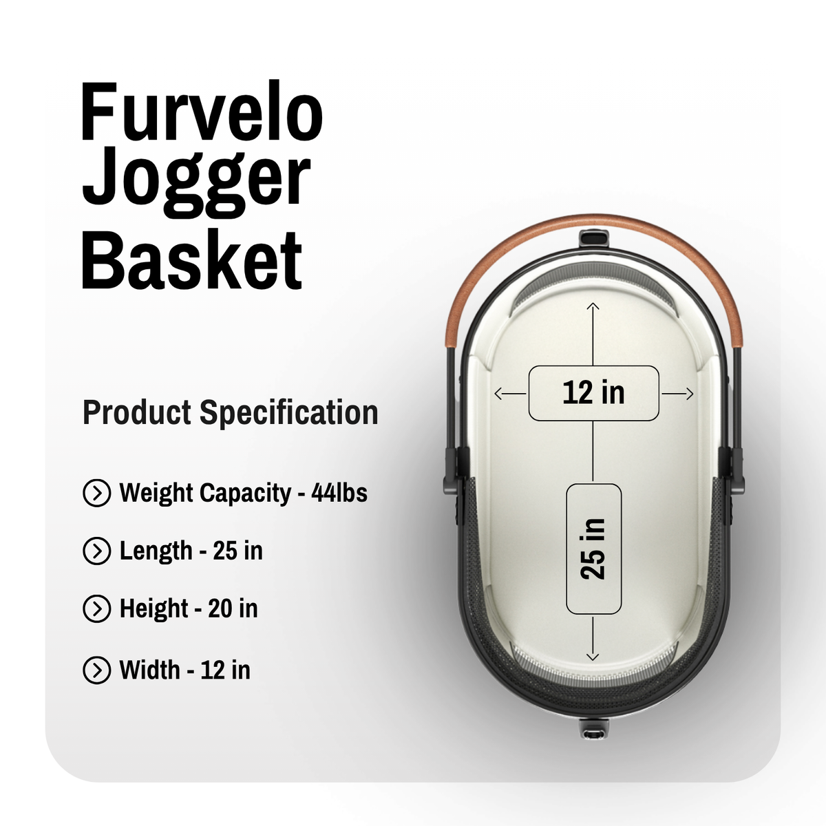 Furvelo Jogger cabin diagram showing 25 x 12 x 20-inch dimensions and 44 lb capacity