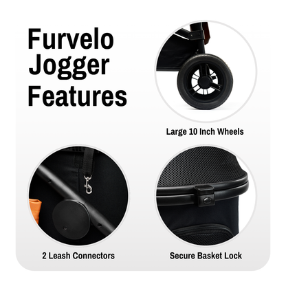 Furvelo Jogger feature graphic showing 10-inch wheels, two leash connectors, and secure basket lock
