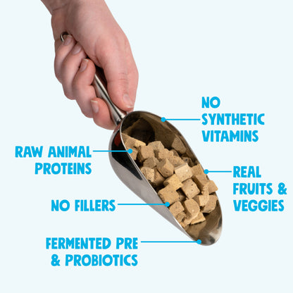 Scoop of freeze-dried topper with callouts for animal proteins, produce, and fermented cultures.