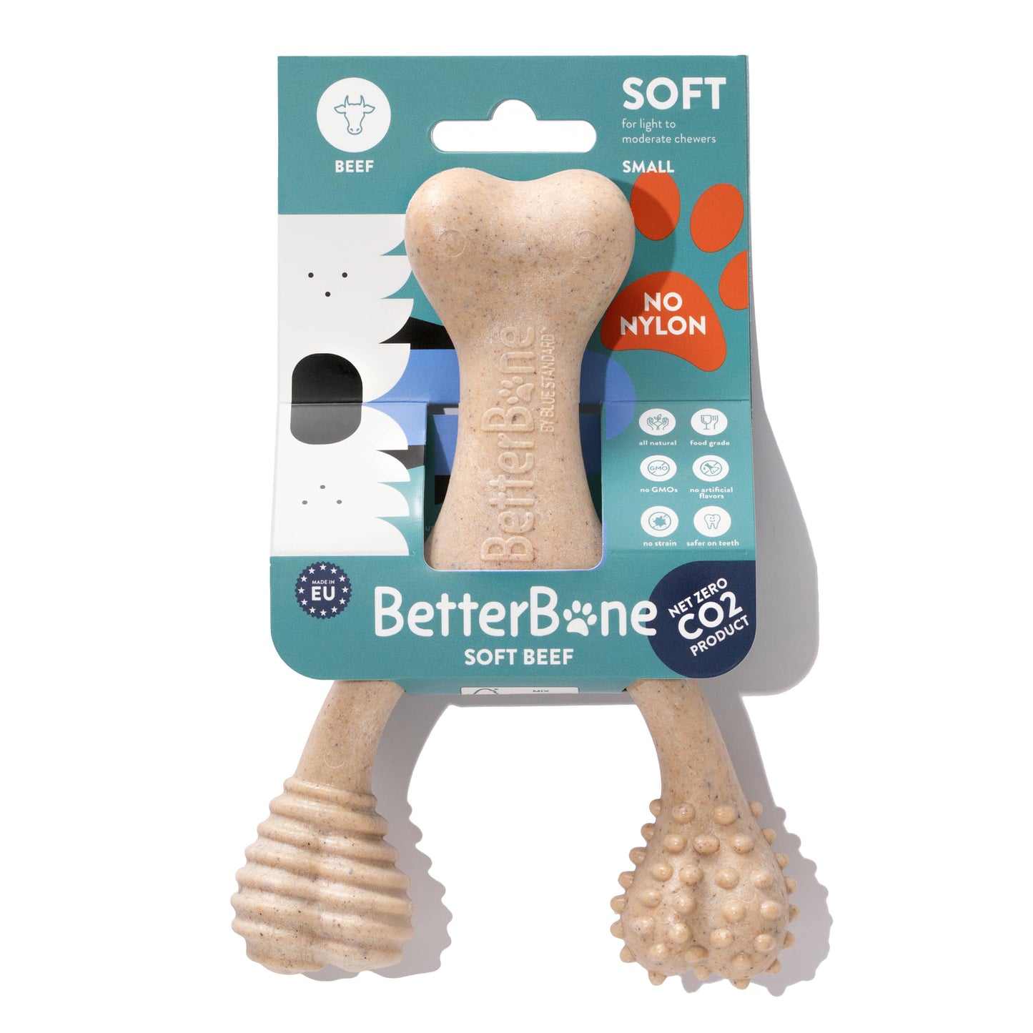 BetterBone soft beef dog chew toy in packaging on a white background