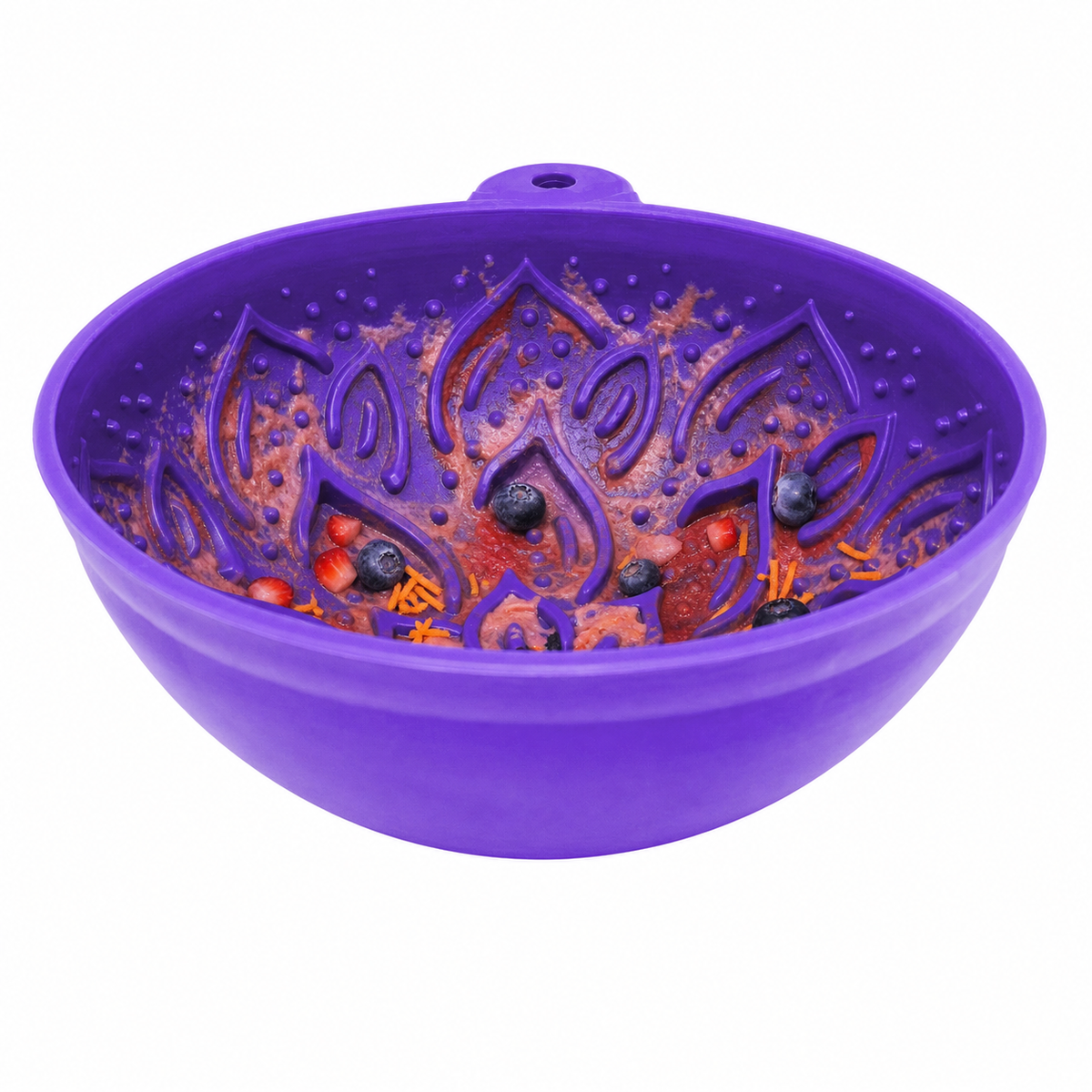 Purple Garden of Eatin' Tipsy Bowl filled with wet food and toppings.