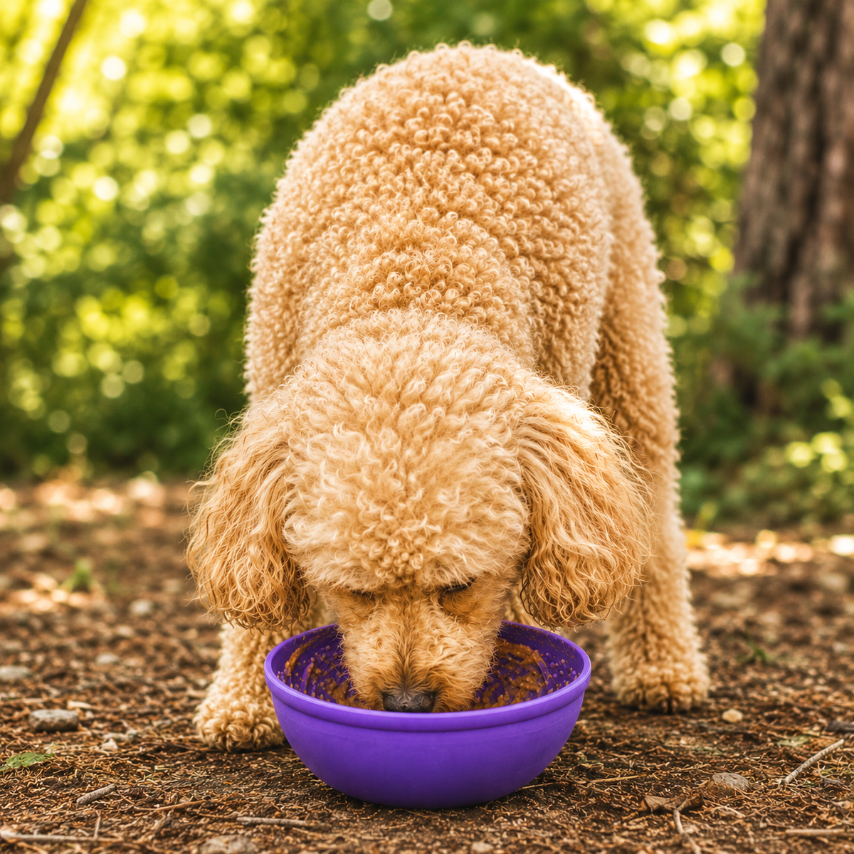 Dog eating from a purple Garden of Eatin' Tipsy Bowl outdoors.