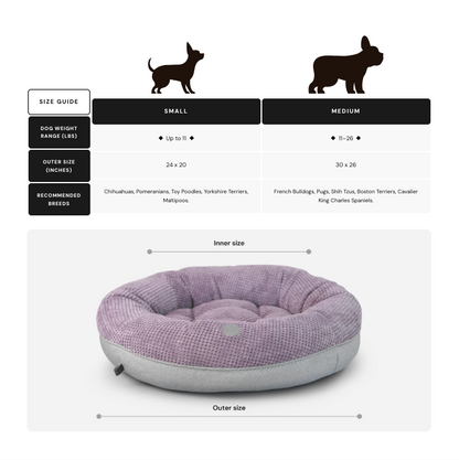 Pet bed size guide with dimensions and recommended breeds for small and medium sizes.