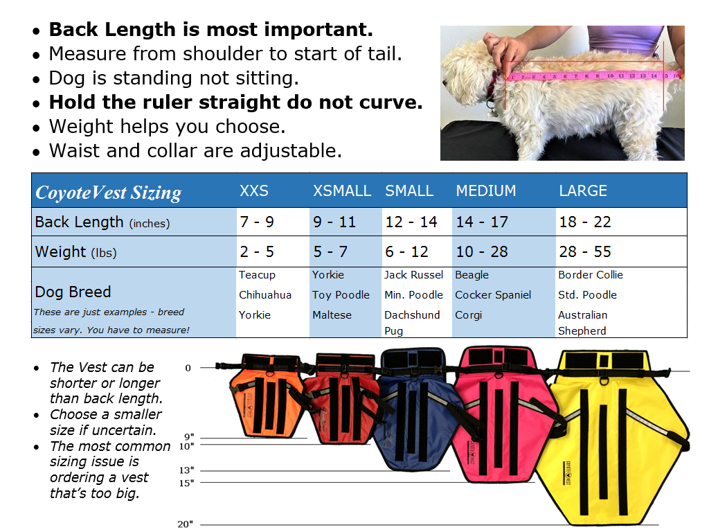 CoyoteVest Protective Dog Vest size guide