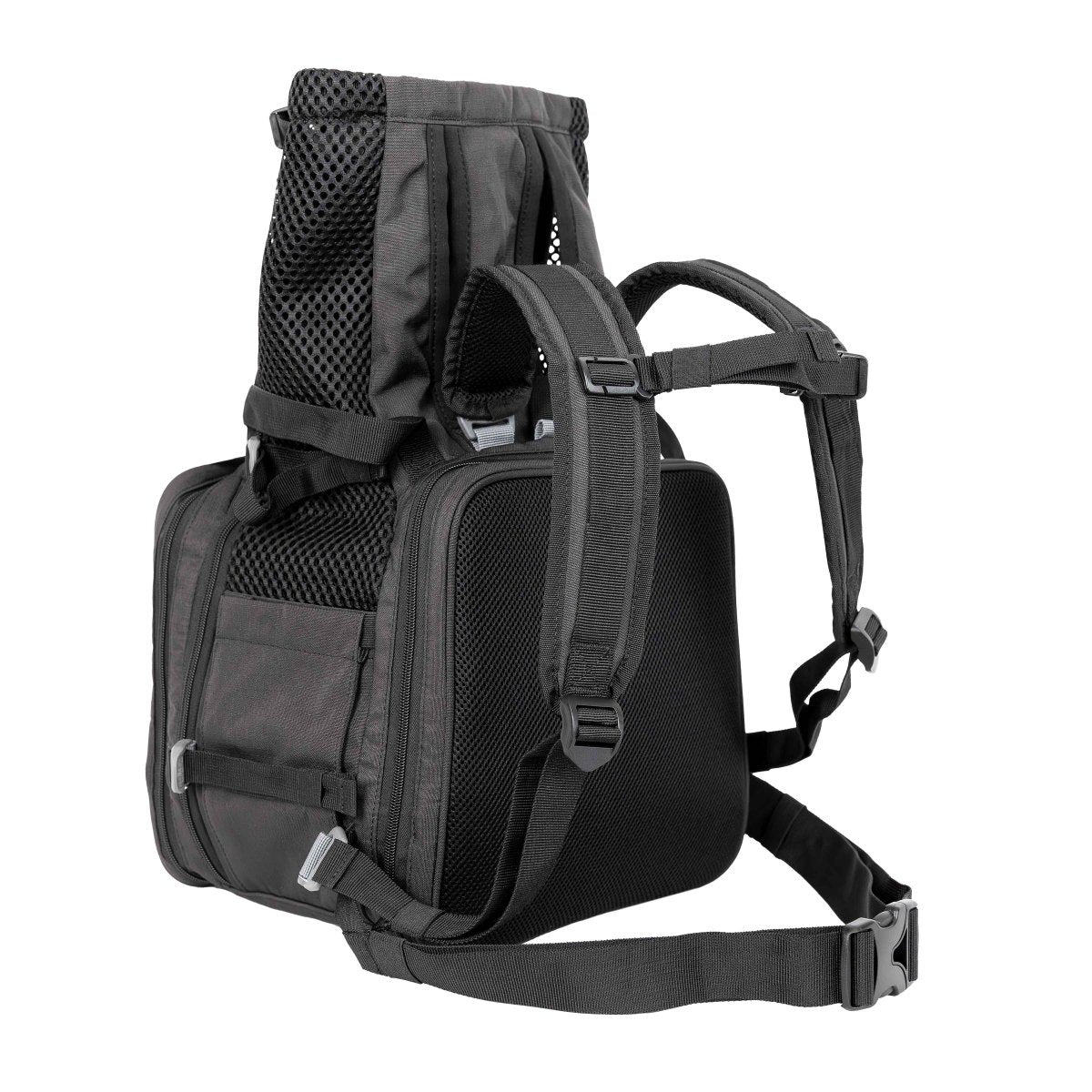 Black backpack with multiple compartments and straps on a white background