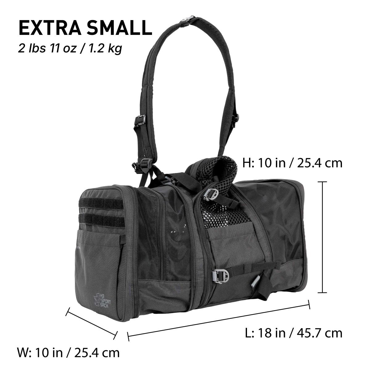 Sky Pack Extra Small carrier dimensions graphic: 18 x 10 x 10 inches.
