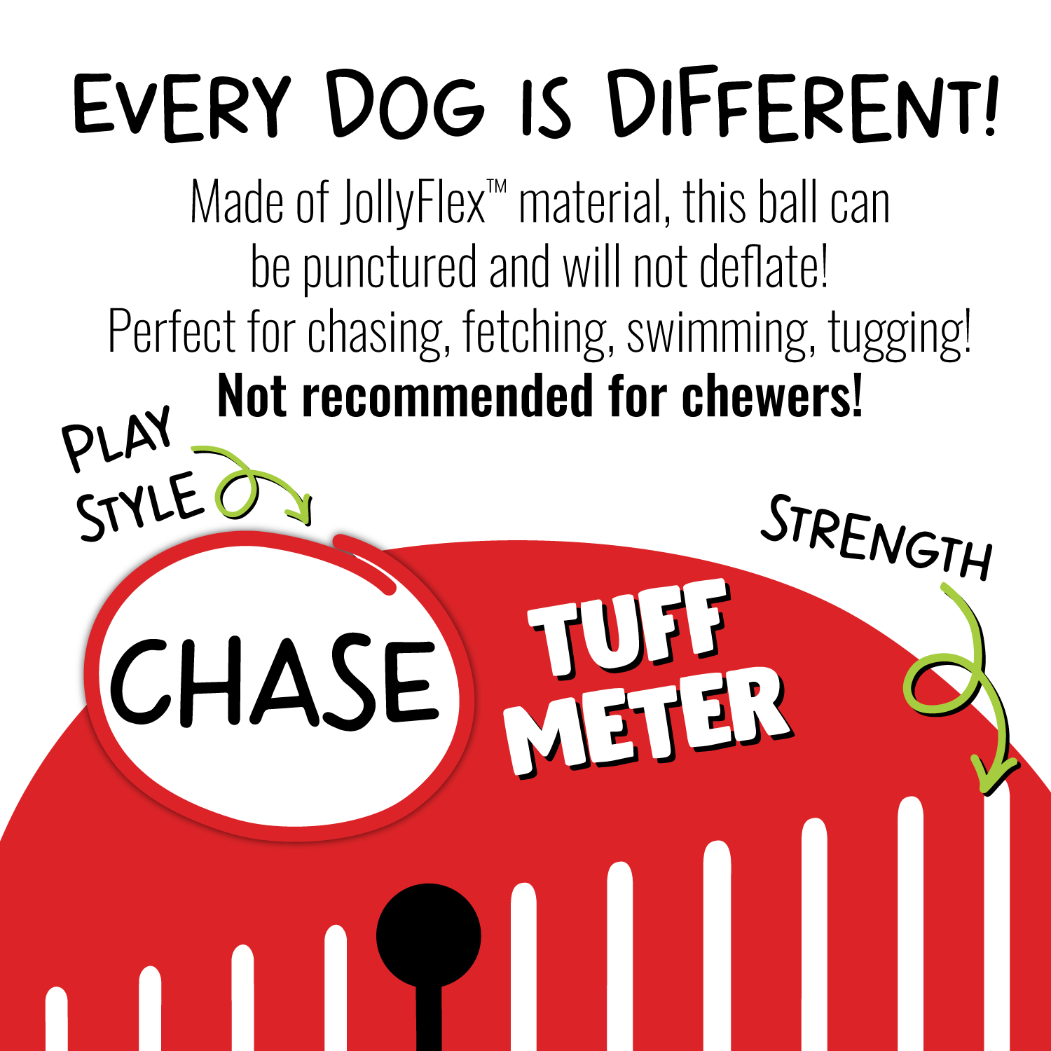 Product label for a dog toy with features and safety information on a white background