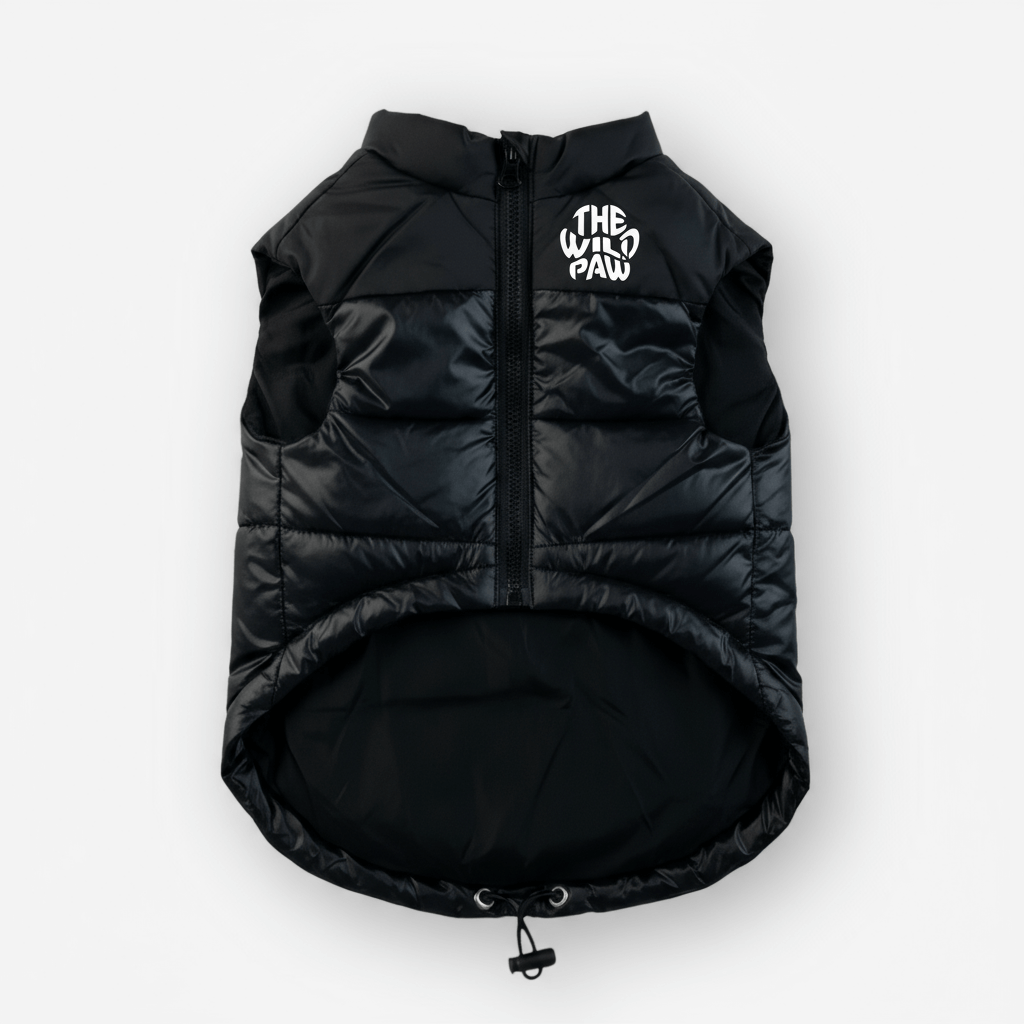 Black ThermaPuffer dog vest, front view