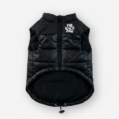Black ThermaPuffer dog vest, front view