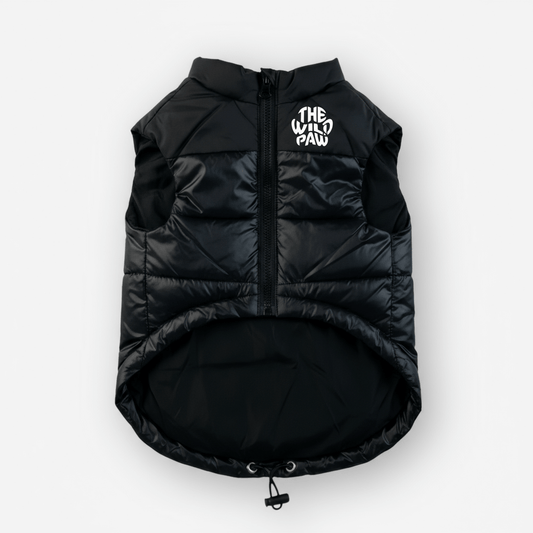 Black ThermaPuffer dog vest, front view