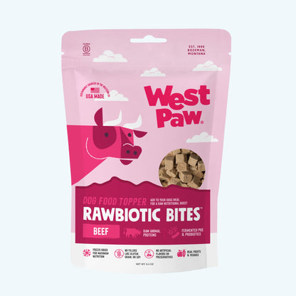 Front of the West Paw Rawbiotic Bites Beef dog food topper package