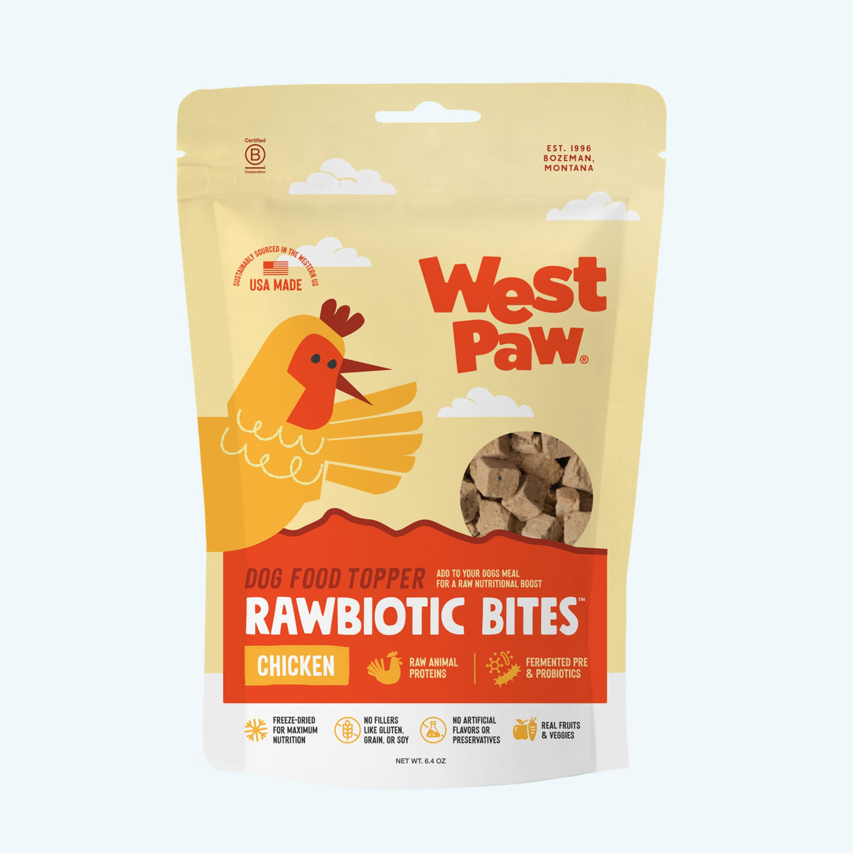 Front of the West Paw Rawbiotic Bites Chicken dog food topper package